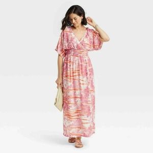 Large Knox Rose Cottage Pink Casual Tie-Dye Print V-Neck Short Sleeve Maxi Dress